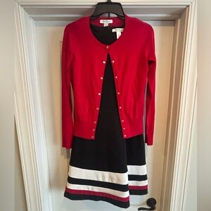White House Black Market Red Cardigan with Striped Dress